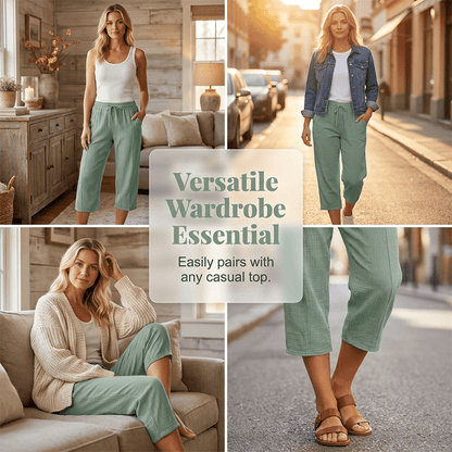 Women's Cotton Linen Cropped Wide-Leg Pants with Drawstring Waist