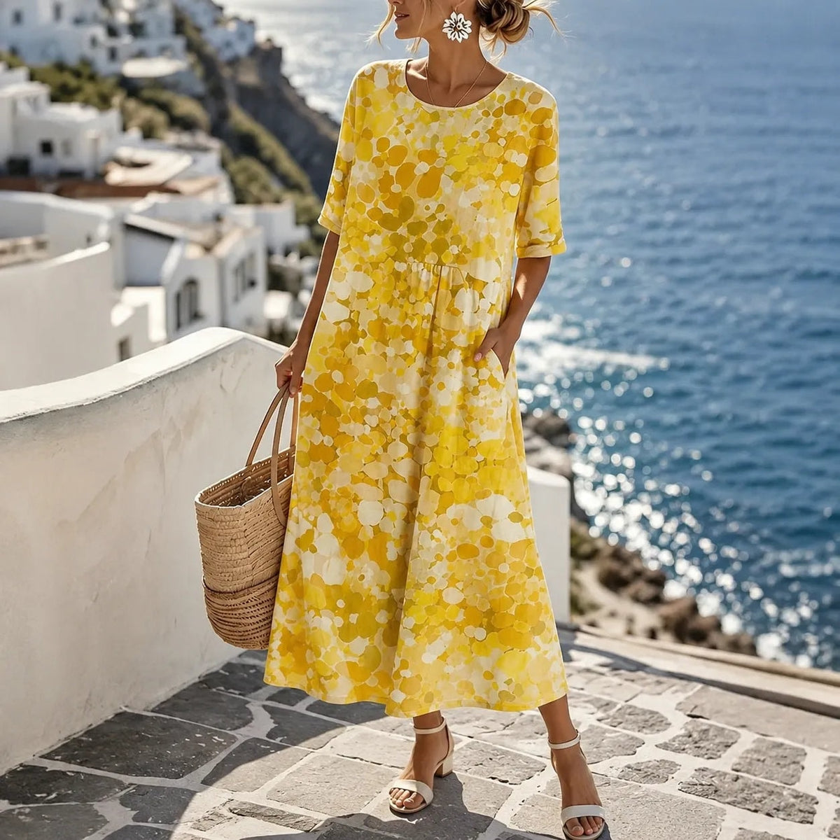 Marivella Floral Loose Midi Dress with Hidden Side Pockets