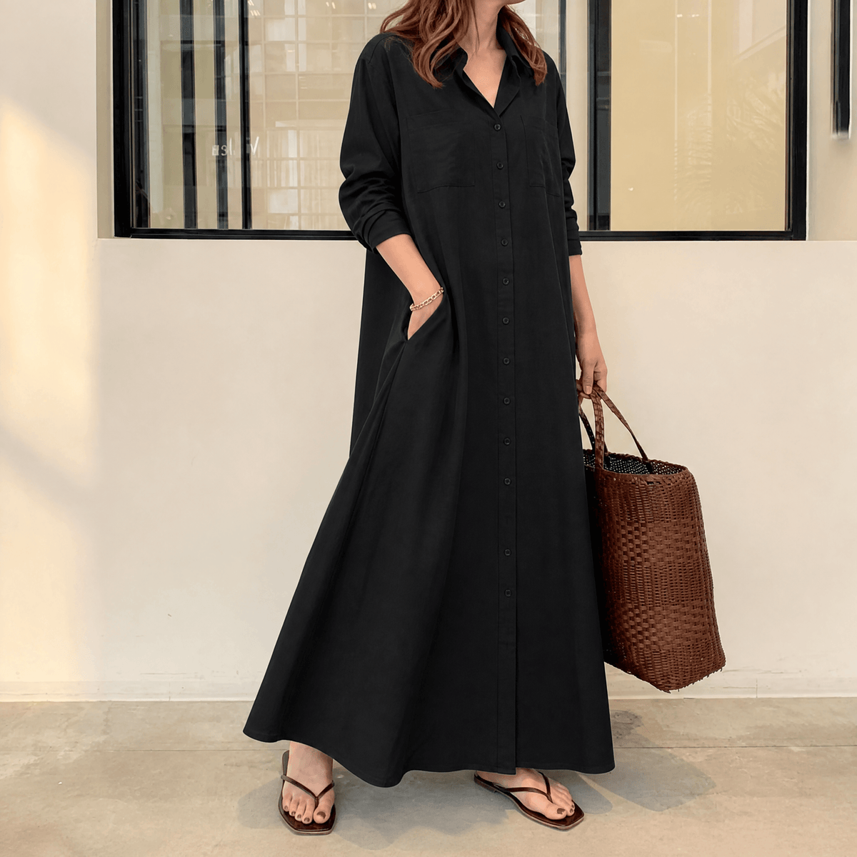 Halvine Button-Through Maxi Shirt Dress with Long Sleeves and Side Pockets