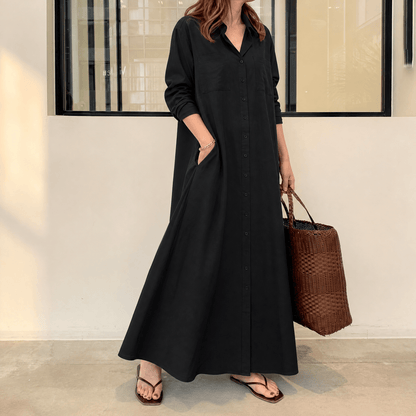 Halvine Button-Through Maxi Shirt Dress with Long Sleeves and Side Pockets