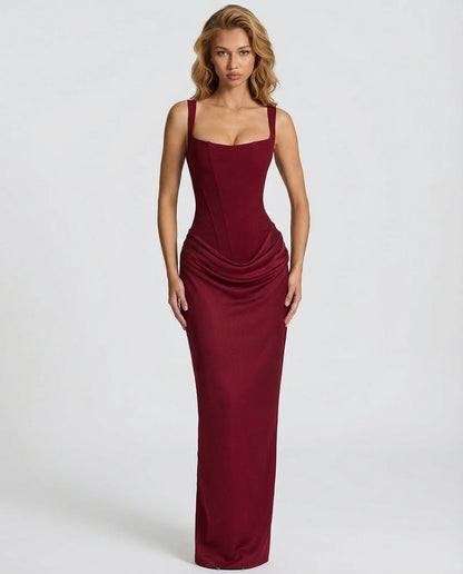 Sienna Laurent Satin Corset Maxi Dress with Draped Detail