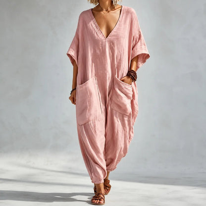 Women's Loose V-Neck Batwing Sleeve Jumpsuit with Deep Pockets