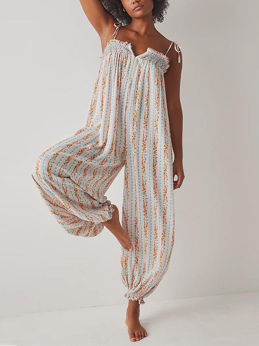 Women's Boho Harem Linen Jumpsuit with Tie-Shoulder Straps