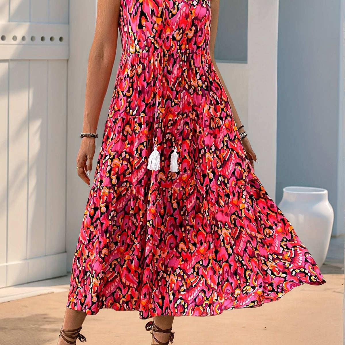 Women's Tiered Sleeveless Boho Maxi Dress with Tie Neck