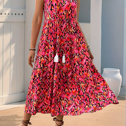 Women's Tiered Sleeveless Boho Maxi Dress with Tie Neck