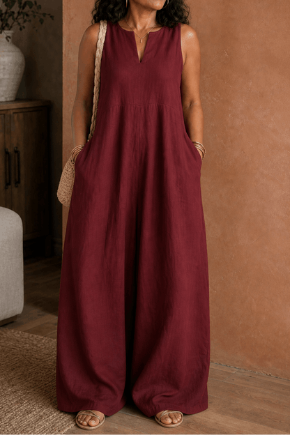 Women's Wide-Leg V-Neck Linen-Look Jumpsuit with Pockets