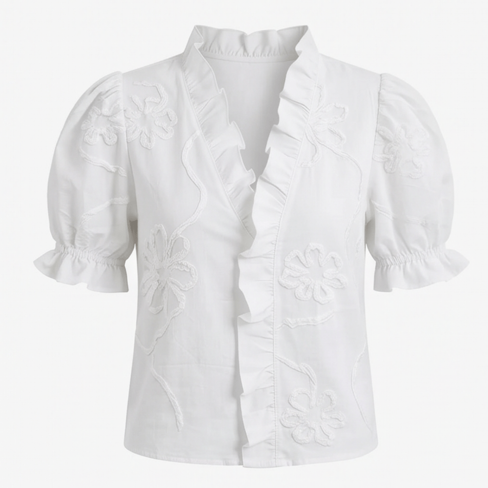 Embroidered Puff Sleeve Ruffled V-Neck Top for Women in Cotton