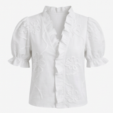 Embroidered Puff Sleeve Ruffled V-Neck Top for Women in Cotton
