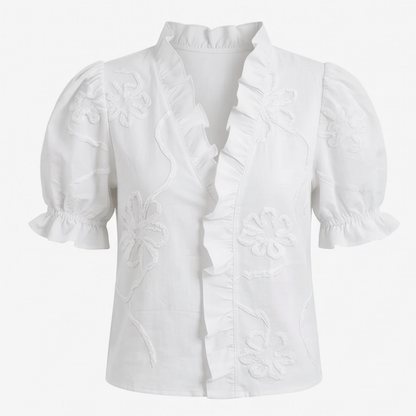 Embroidered Puff Sleeve Ruffled V-Neck Top for Women in Cotton