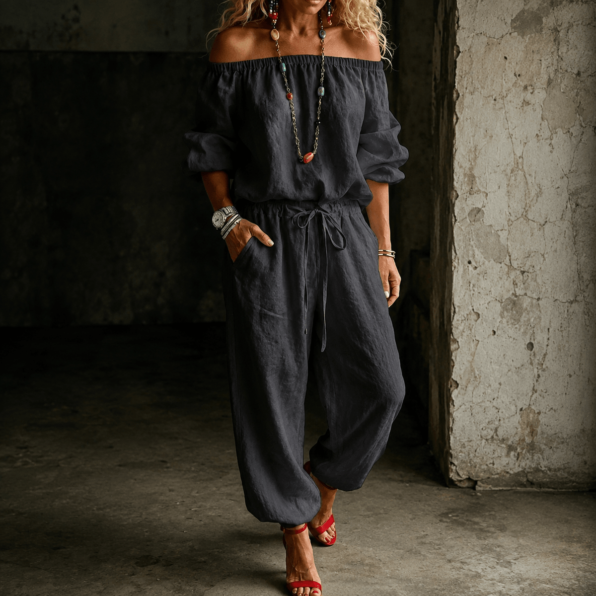 Off-Shoulder Two Piece Co Ord Set with Drawstring Waist Pants