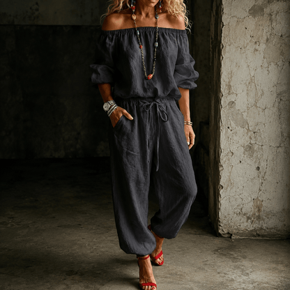 Off-Shoulder Two Piece Co Ord Set with Drawstring Waist Pants
