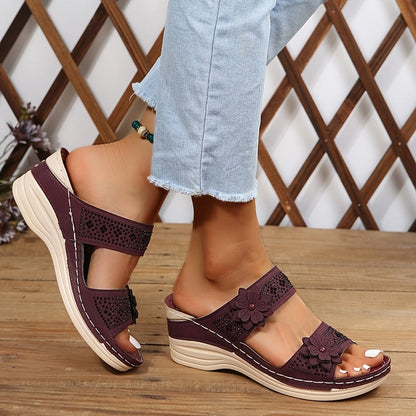 Delor Open-Toe Slide Sandals with Flower Detail and Rhinestone Wedge Sole