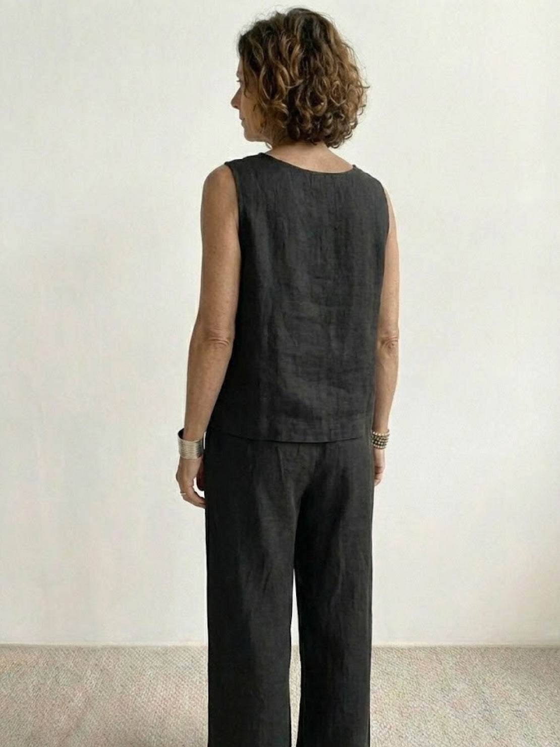 Sage Matching Linen Sleeveless Top and Wide-Leg Pants Two-Piece Set