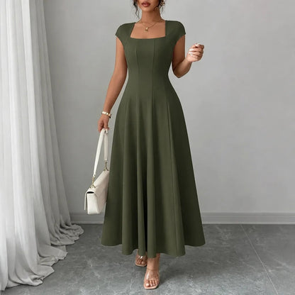 Elowyn Square Neck A-Line Women's Midi Dress with Sculpted Waist Seams