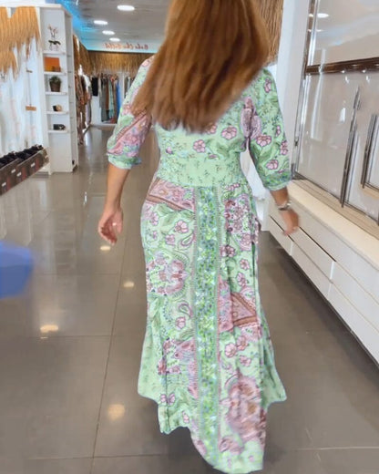 Alira Paisley Floral V-Neck Maxi Dress with Tie Waist for Women