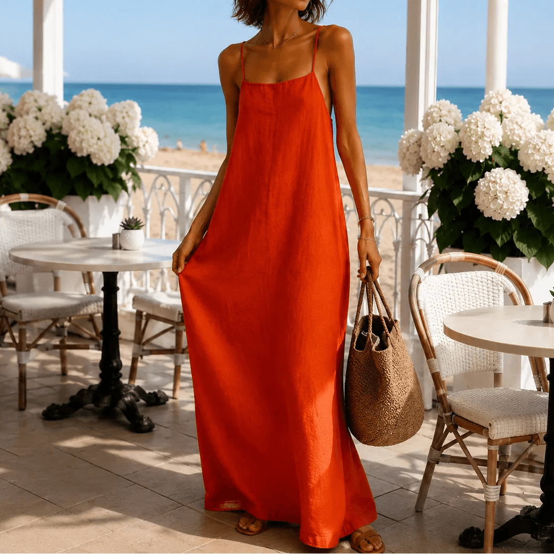 Marelle Linen-Look Summer Maxi Slip Dress with Adjustable Straps