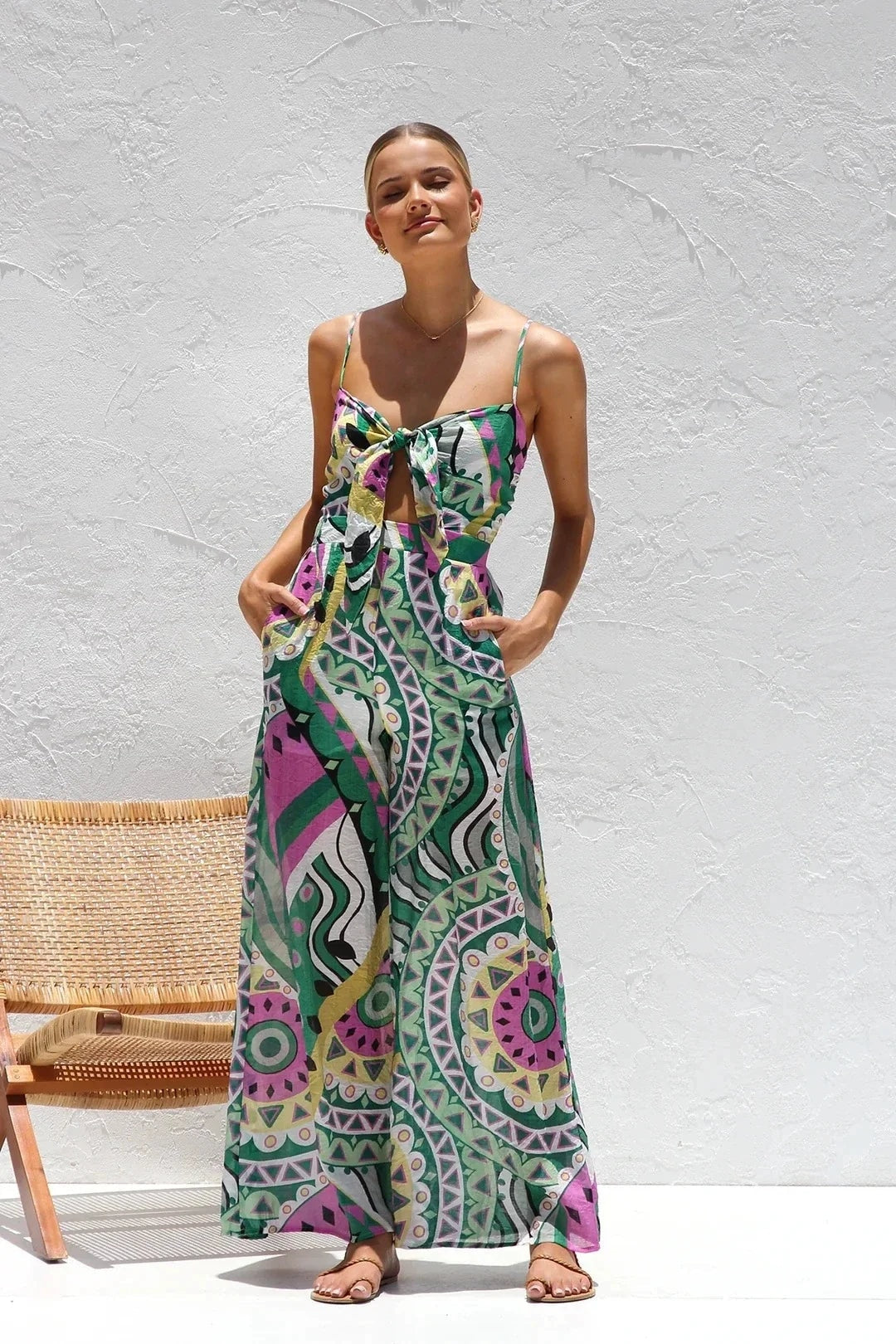 Women's Tie-Front Wide-Leg Linen-Blend Jumpsuit with Side Pockets