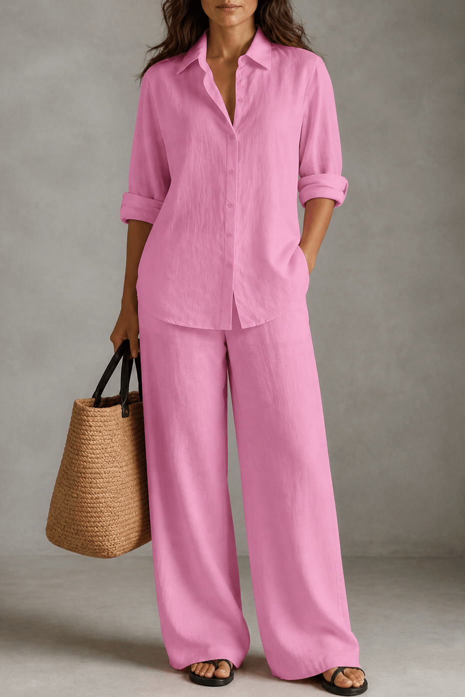 Women's Linen Shirt and Wide-Leg Tailored Trouser Two-Piece Set
