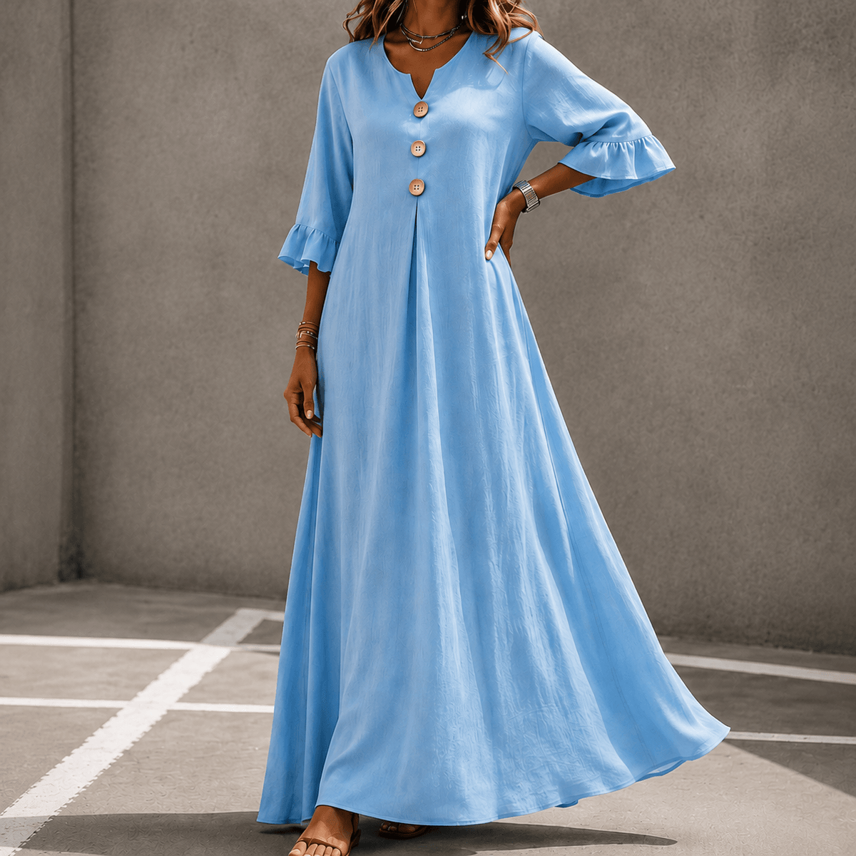 Marellia Flowy Linen-Look V-Neck Summer Maxi Dress with Ruffle Sleeves and Pockets