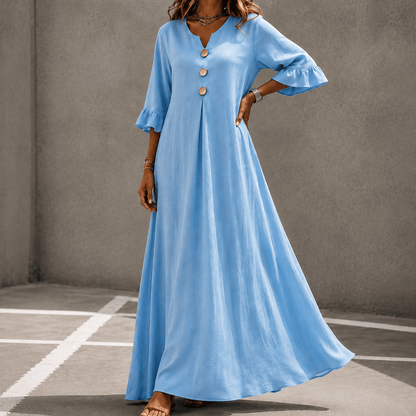 Marellia Flowy Linen-Look V-Neck Summer Maxi Dress with Ruffle Sleeves and Pockets