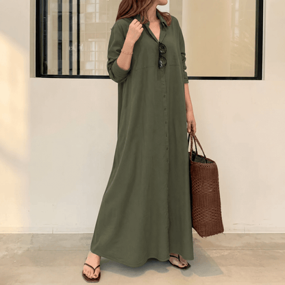 Halvine Button-Through Maxi Shirt Dress with Long Sleeves and Side Pockets