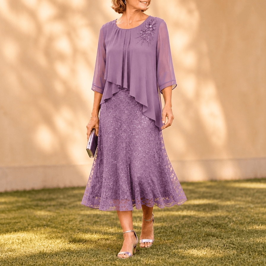 Elavine Layered Chiffon Lace Overlay Women's Midi Dress with Sheer Sleeves