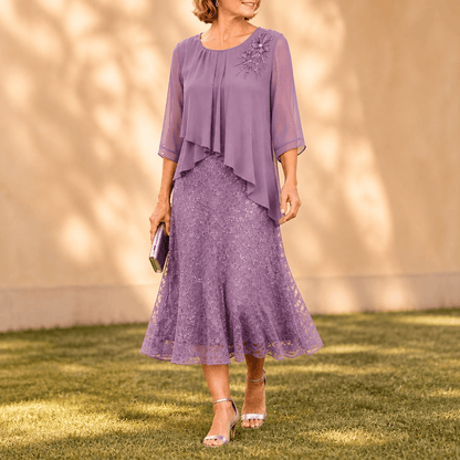 Elavine Layered Chiffon Lace Overlay Women's Midi Dress with Sheer Sleeves