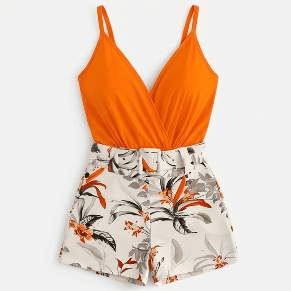 Wrap V-Neck Cami and Floral High-Waist Belted Shorts Set