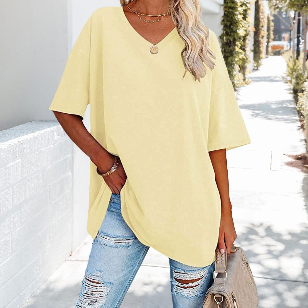 Oversized Cotton V-Neck Short Sleeve Top for Women