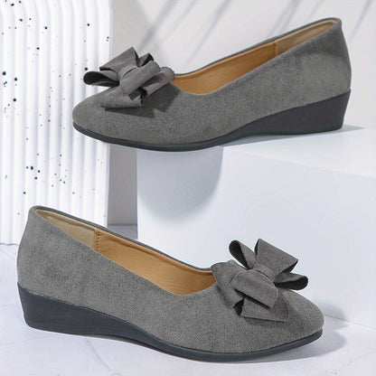 Maisie Faux Suede Slip-On Wedge Ballet Flats with Bow and Rounded Toe