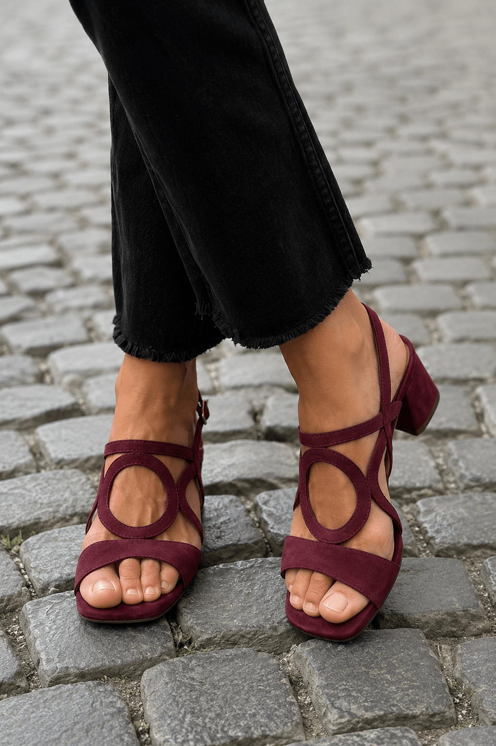 Women's Cushioned Suede Block Heel Sandals with Round Cutout Detail