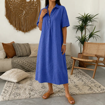 Lunavia Oversized Linen-Look Midi Summer Shirt Dress with Short Sleeves