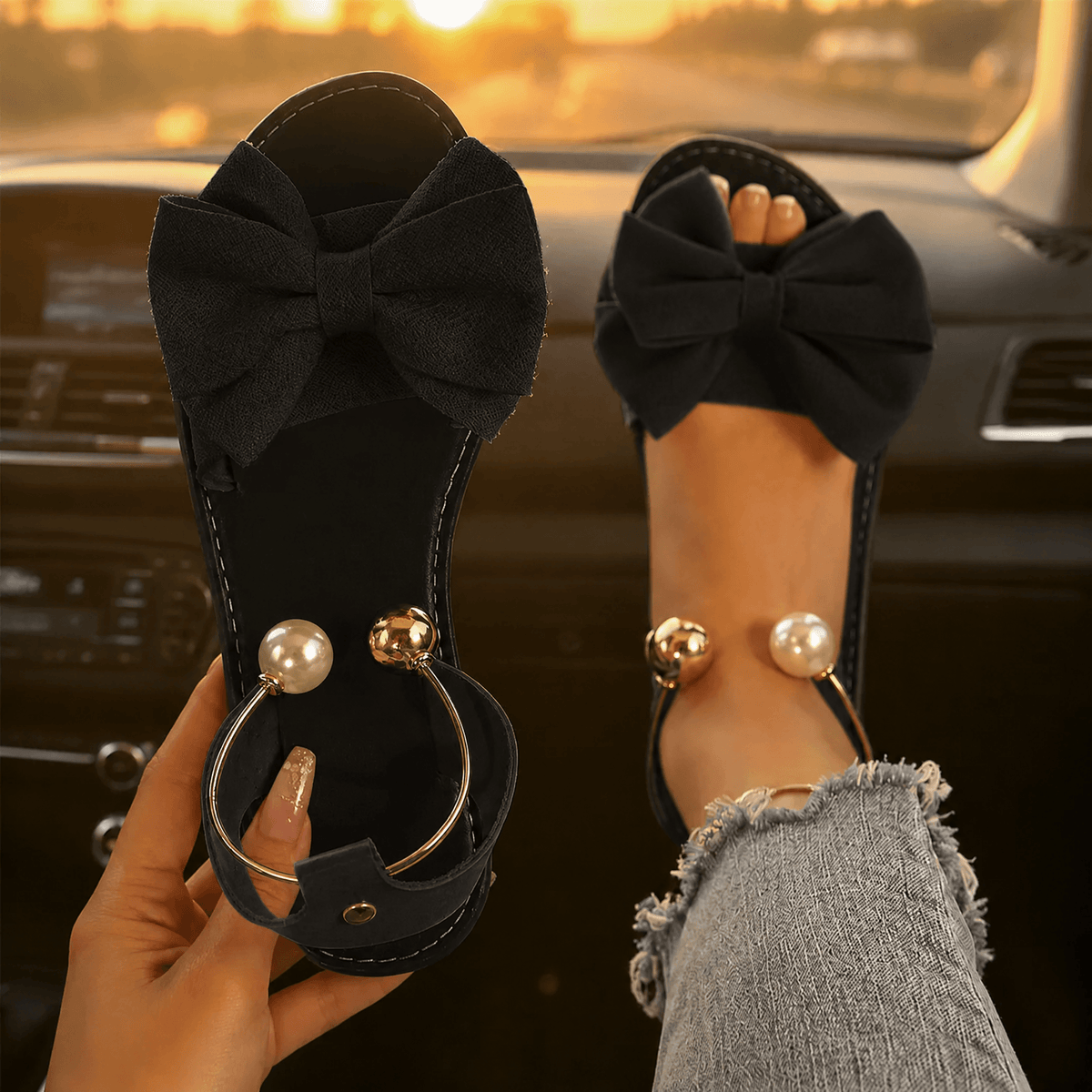 Lunabow Women's Cushioned Flat Sandals with Bow and Pearl Ankle Cuff