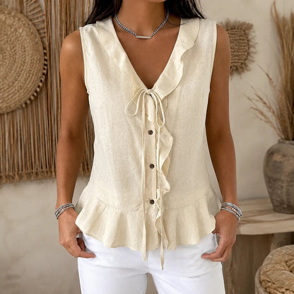 Ruffle V-Neck Peplum Top with Bow Tie for Women in Sleeveless Style