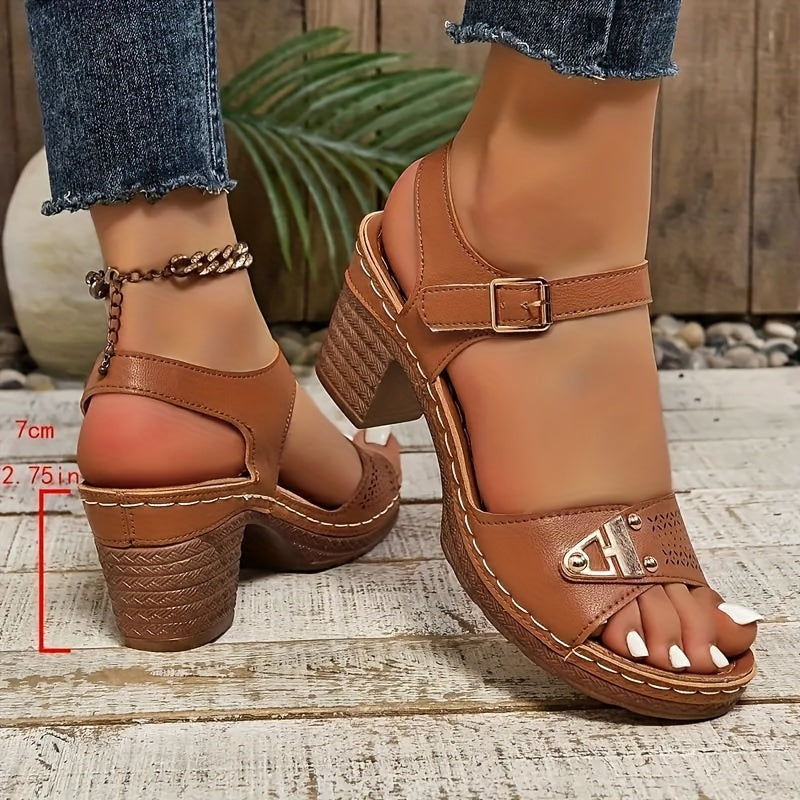 Women's Chunky Heel Buckle Sandals with Cushioned Footbed