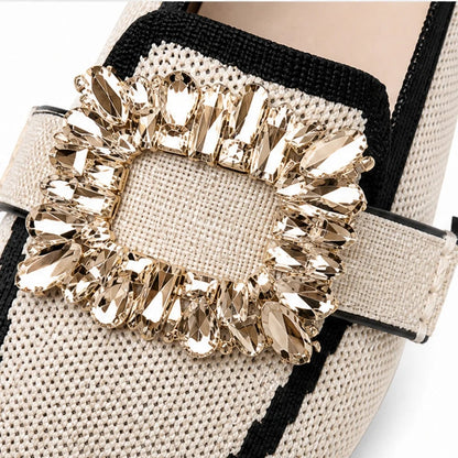 Crystal Buckle Square-Toe Knit Loafer Flats for Women
