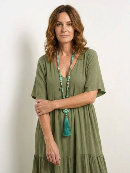 Women's Tiered Ruffle V-Neck Midi Dress with Short Sleeves in Polyester