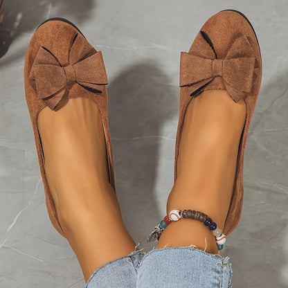 Maisie Faux Suede Slip-On Wedge Ballet Flats with Bow and Rounded Toe