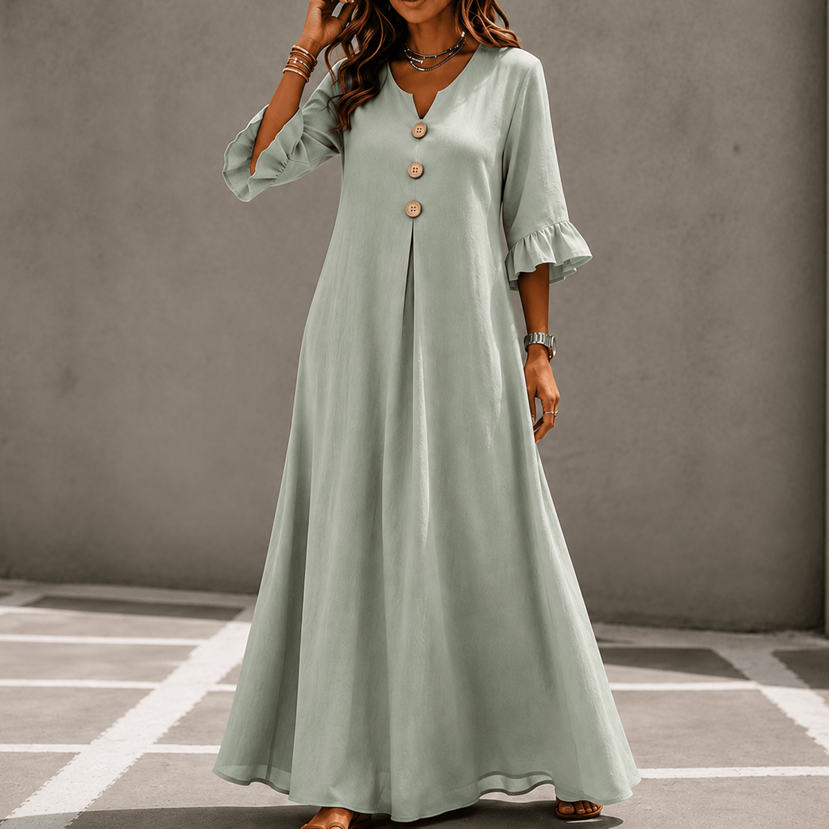 Marellia Flowy Linen-Look V-Neck Summer Maxi Dress with Ruffle Sleeves and Pockets