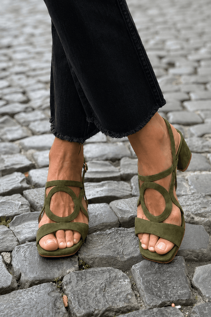 Women's Cushioned Suede Block Heel Sandals with Round Cutout Detail