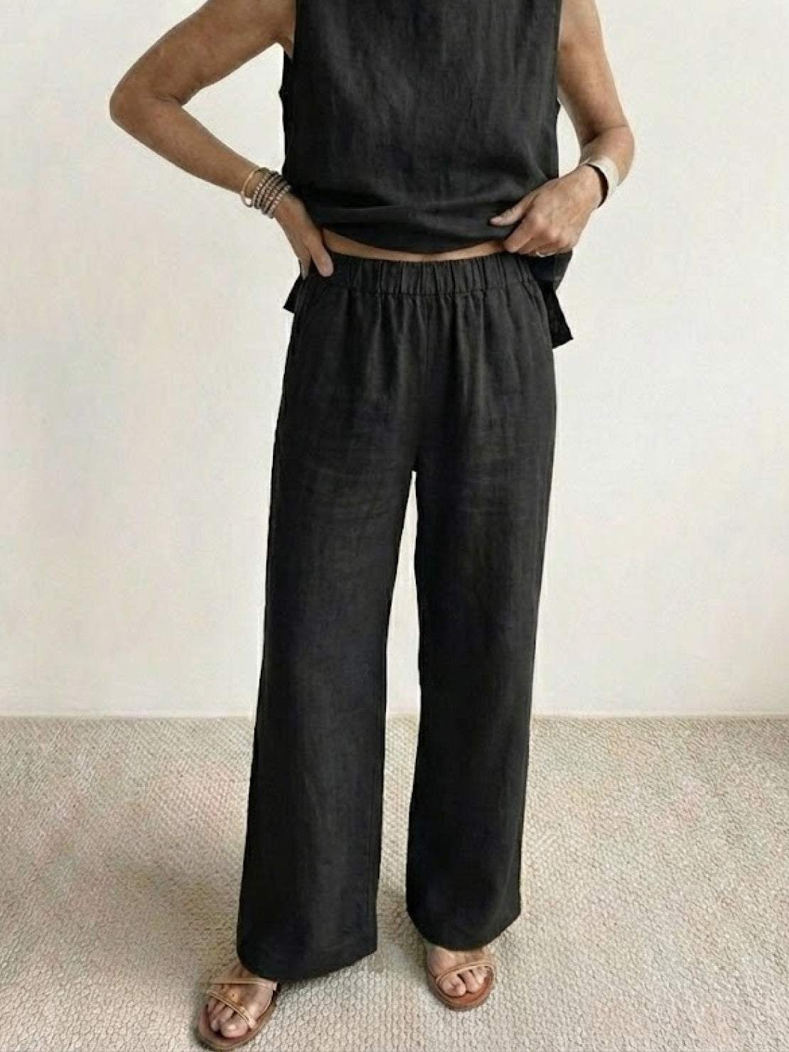 Sage Matching Linen Sleeveless Top and Wide-Leg Pants Two-Piece Set