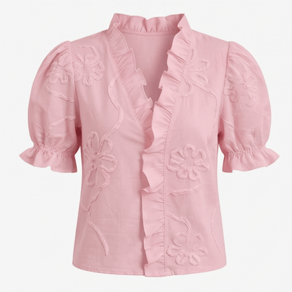 Embroidered Puff Sleeve Ruffled V-Neck Top for Women in Cotton