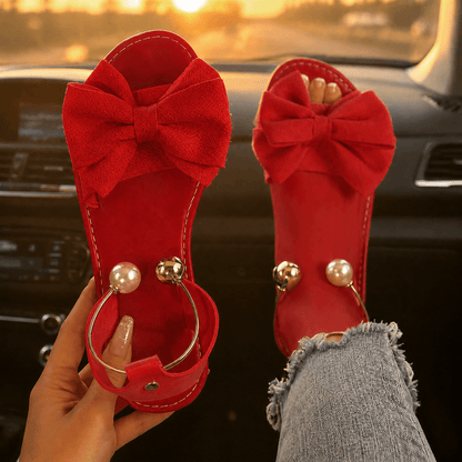 Lunabow Women's Cushioned Flat Sandals with Bow and Pearl Ankle Cuff
