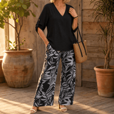 V-Neck Top and Leaf-Print Wide-Leg Two-Piece Set for Women