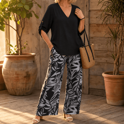 V-Neck Top and Leaf-Print Wide-Leg Two-Piece Set for Women