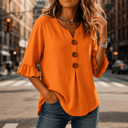 Laurelle V-Neck Ruffle Sleeve Blouse with Button Detail