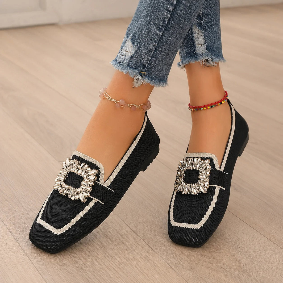Crystal Buckle Square-Toe Knit Loafer Flats for Women