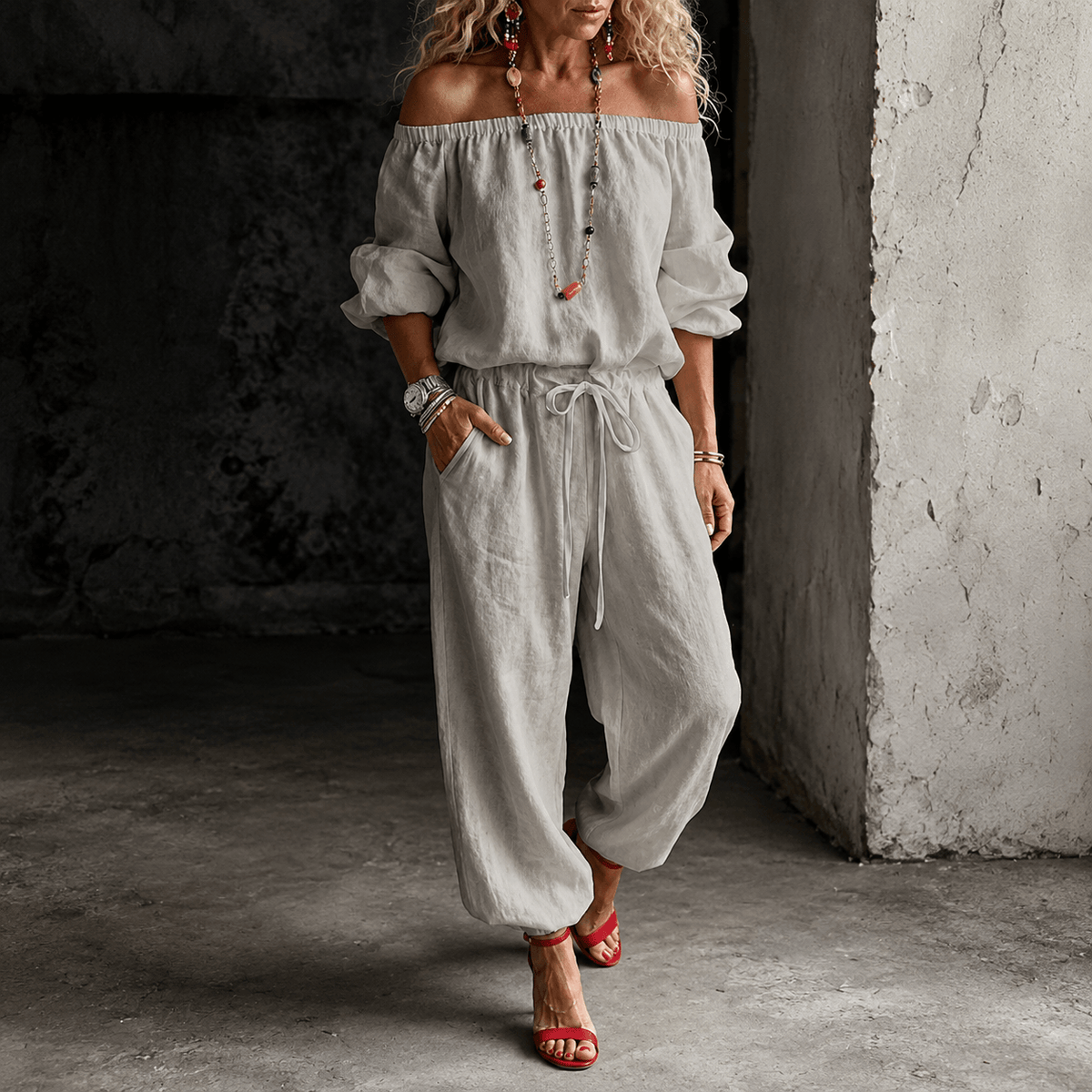 Off-Shoulder Two Piece Co Ord Set with Drawstring Waist Pants