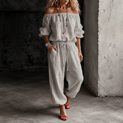 Off-Shoulder Two Piece Co Ord Set with Drawstring Waist Pants