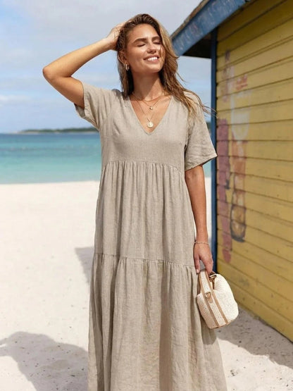Women's Tiered Ruffle V-Neck Midi Dress with Short Sleeves in Polyester